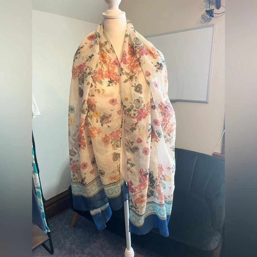 Floral Scarf/Shawl with Blue Border